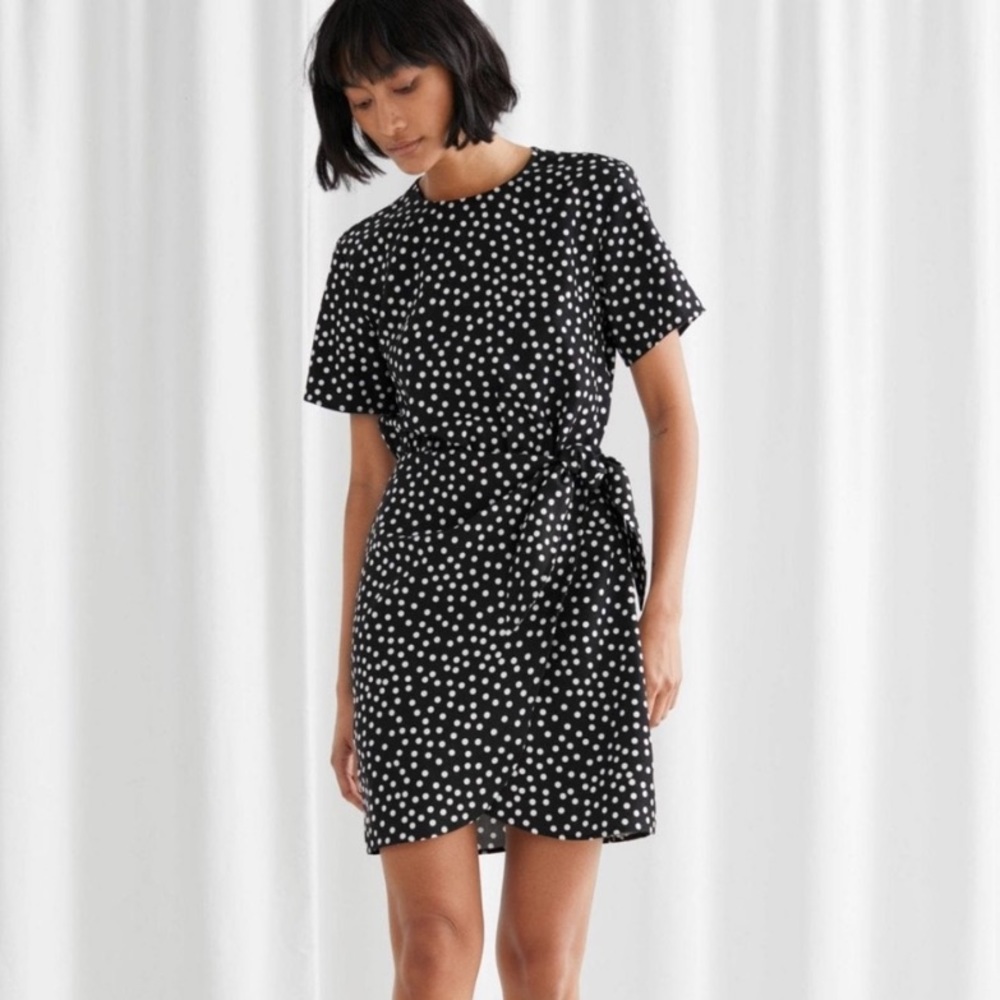 & OTHER STORIES PARIS ATELIER Black Polka Dot Faux Wrap Mini Dress Size 6
